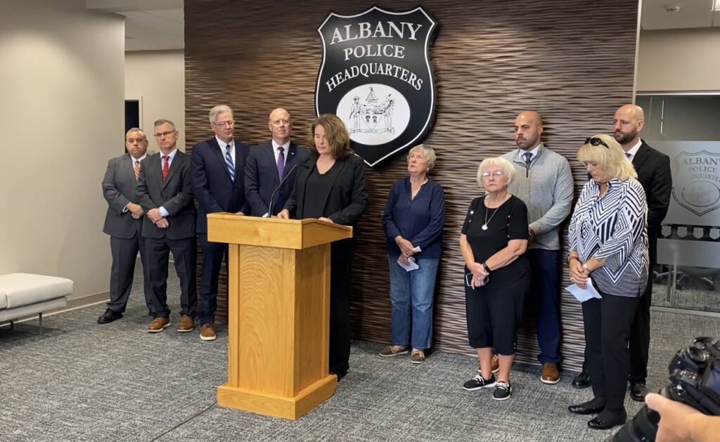 Dr. Christina Lane, director of the Criminal Investigation Resource Center (CIRC) at Russell Sage College and an associate professor of criminal justice, speaks at an Albany Police Department news conference on October 8, 2025, about the Catherine Blackburn case, a 61-year-old homicide case that recently came to a close.